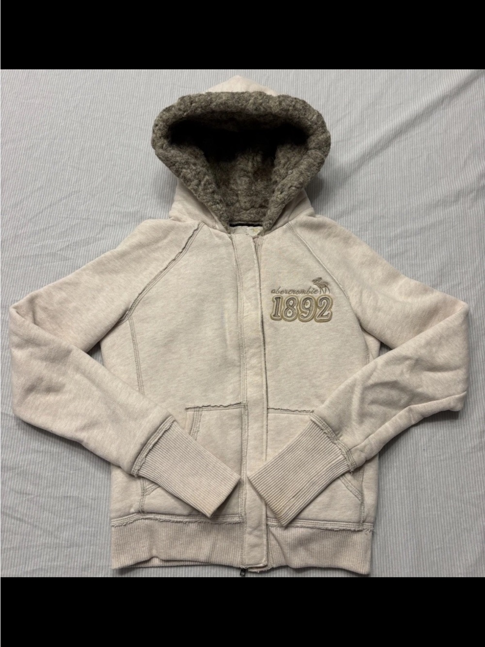Y2K 2000s Abercrombie And Fitch Fur Trim Jacket Size XL Preppy Beige Hoodie
